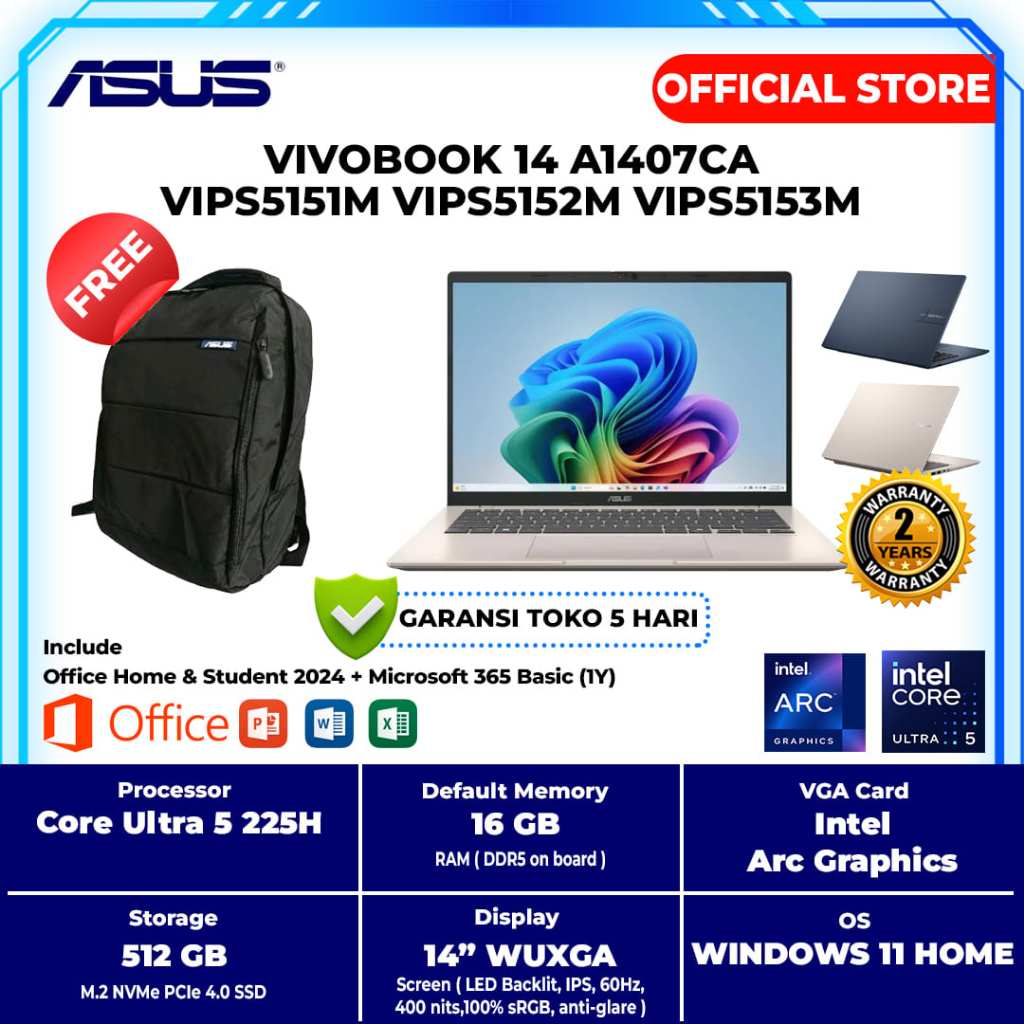 Jual ASUS VIVOBOOK 14 A1407CA VIPS5151M VIPS5152M VIPS5153M INTEL ULTRA 5-225H 16GB 512GB WIN 11+OHS 2024 | Shopee Indonesia