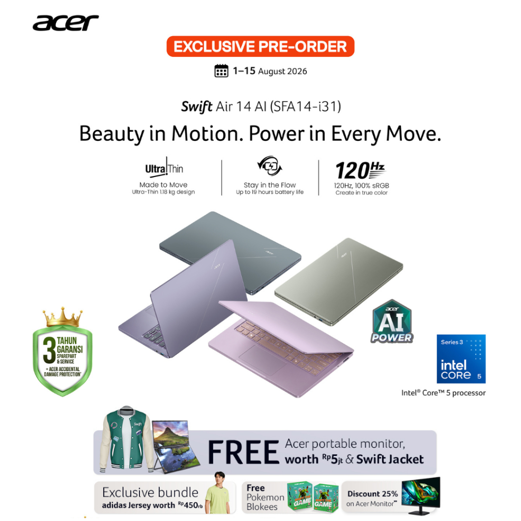 Jual (FREE PORTABLE MONITOR WORTH 5JT, EXCLUSIVE GIFT) ACER LAPTOP SWIFT AIR 14 AI SFA14-I31 INTEL CORE 5 320 INTEL GRAPHICS RAM 8GB/12GB STORAGE 512GB SSD 14 INCH WUXGA WINDOWS 11 - THIN, LIGHT, TIPIS | Shopee Indonesia