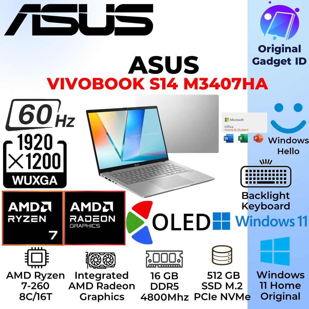 Jual Asus Vivobook S14 OLED M3407HA | AMD Ryzen 7 260 | 16GB Ram | 512GB SSD | Windows 11 Home + Office OHS | 14.0 WUXGA - Garansi Resmi | Shopee Indonesia