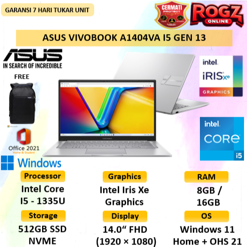 Jual ASUS VIVOBOOK 14 A1404 Intel Core i5 Gen 1355 16GB 1TB SSD Windows 11 + Office Home Student 14.0 | Shopee Indonesia