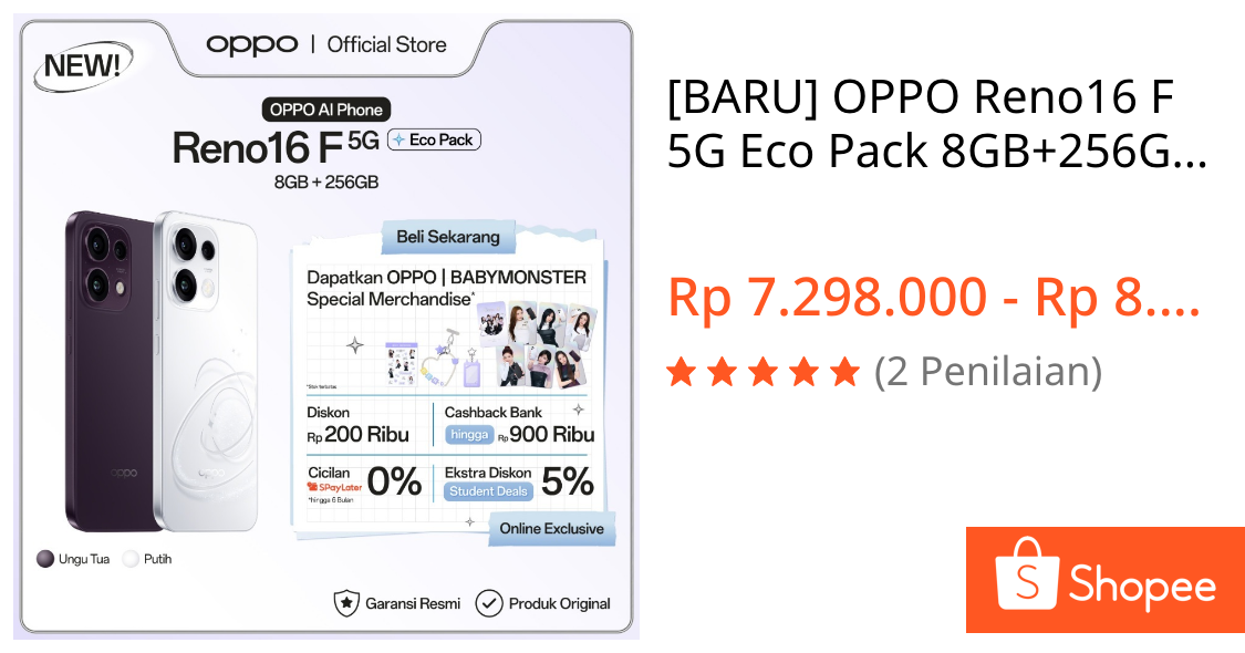 Jual [BARU] OPPO Reno16 F 5G Eco Pack 8GB+256GB [3D Pop Planet Design, AI Remix Collage, 50MP Ultra-wide Selfie Camera] | Shopee Indonesia