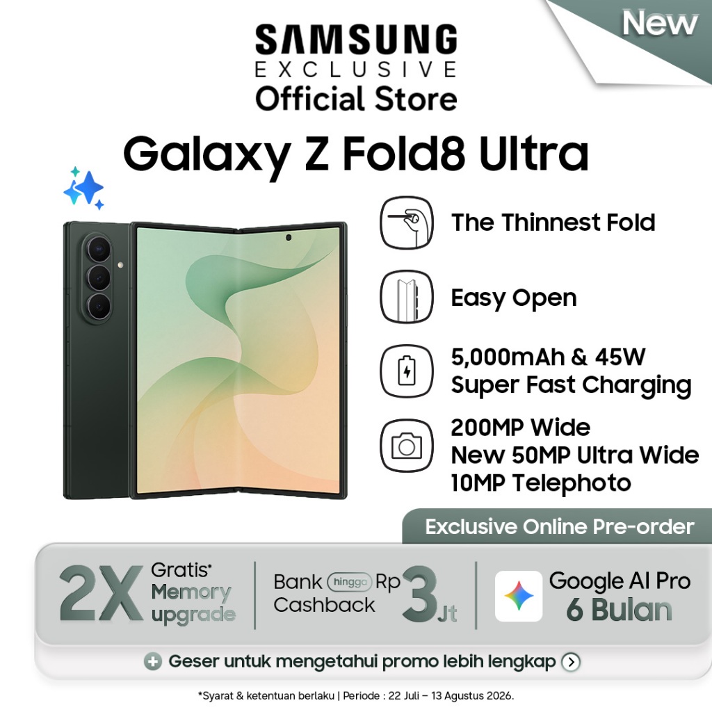 Jual [Upgrade dari 256GB] Samsung Galaxy Z Fold8 Ultra [12GB/512GB] - Green Shadow (Online Exclusive) | Desain Lebih Tipis | Shopee Indonesia