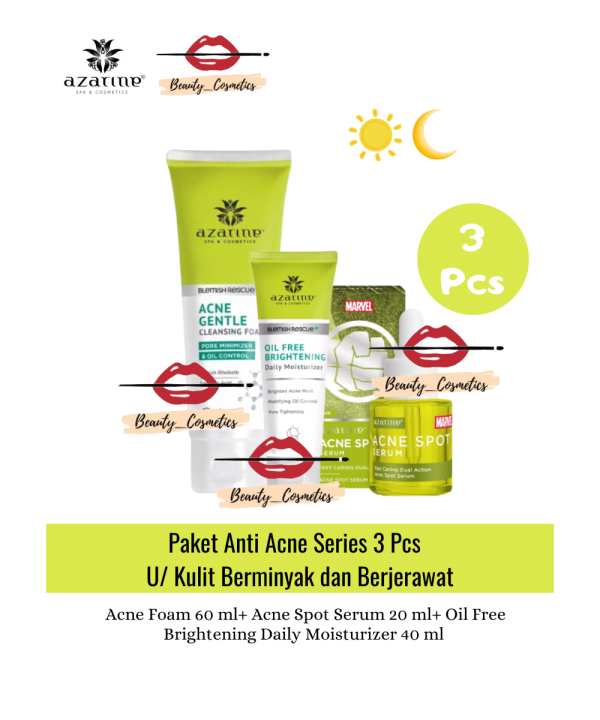 Azarine Paket Anti Acne 3pcs (Acne Gentle Gel Cleanser 60ml + Acne Spot Serum 20 ml + Oil Free Brightening 40 ml )