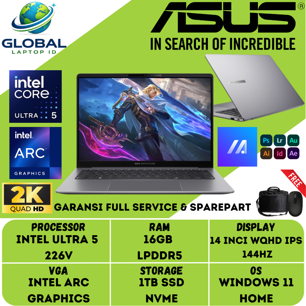 Jual Laptop Asus ExpertBook Intel Ultra 226V Ram 16GB DDR5 1TB Ssd 14 Inch WQXGA IPS 144Hz Windows 11 | Shopee Indonesia