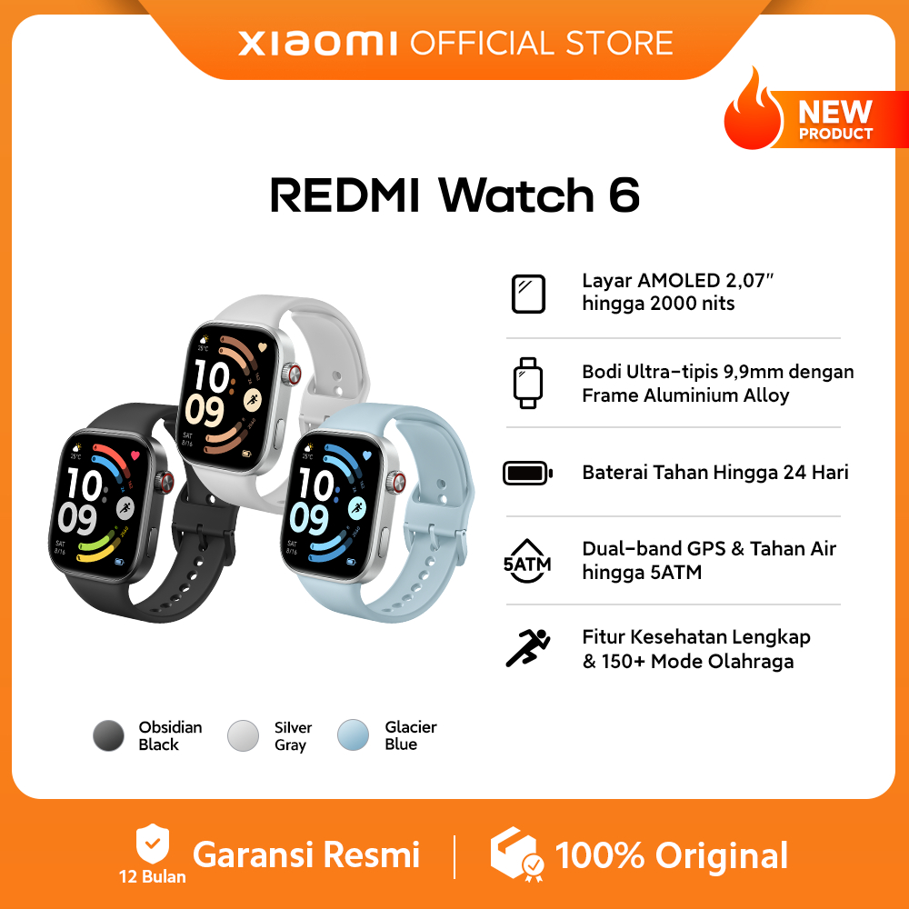 Jual Xiaomi REDMI Watch 6 | Layar AMOLED 2,07" hingga 2000 nits | Bodi Ultra-tipis 9,9mm dengan Frame Aluminium Alloy | Baterai Tahan Hingga 24 Hari | Dual-band GPS & Tahan Air hingga 5ATM | Fitur Kesehatan Lengkap & 150+ Mode Olahraga [Xiaomi Official St
