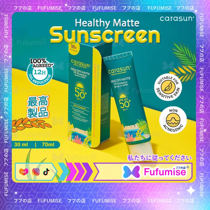 CARASUN Sunscreen Healthy Matte UV Protector 70ml | 30ml | SPF 50+ PA++++ | Normal-Oily Skin | Non Acnegenic | FUFUMISE