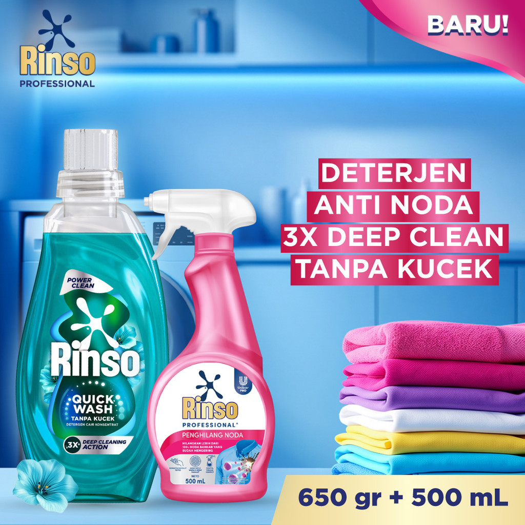 Jual Rinso Detergen Cair Power Clean 650g + Stain Remover Spray 500ml | Deterjen Anti Noda 3X Deep Clean Tanpa Kucek | Shopee Indonesia