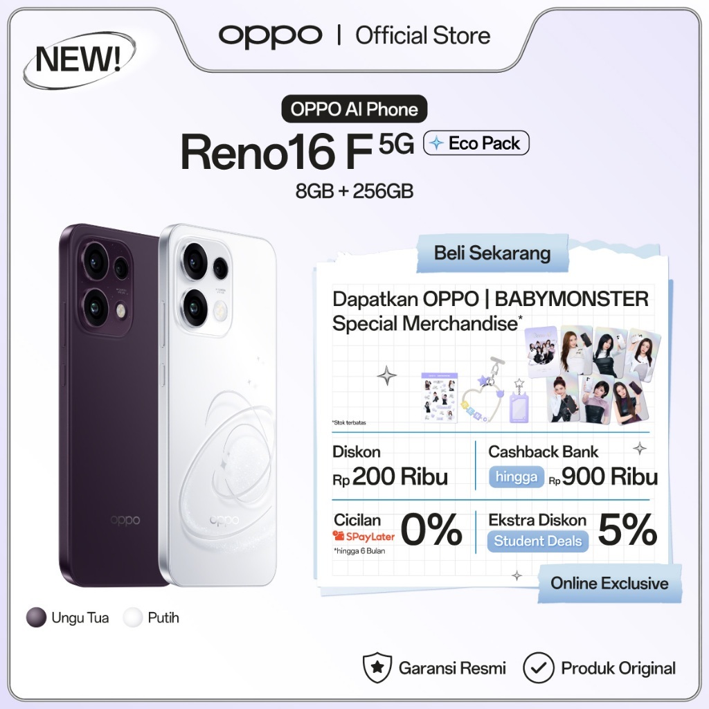Jual [BARU] OPPO Reno16 F 5G Eco Pack 8GB+256GB [3D Pop Planet Design, AI Remix Collage, 50MP Ultra-wide Selfie Camera] | Shopee Indonesia