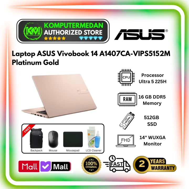 Laptop ASUS Vivobook 14 A1407CA VIPS5152M Ultra 5 225H RAM 16GB SSD 512GB 14″ WUXGA Win 11 Home+OHS+M365 Platinum Gold | Lazada Indonesia