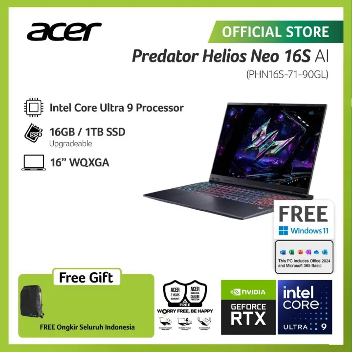 ACER LAPTOP GAMING PREDATOR HELIOS NEO 16S WITH AI PHN16S-71-90GL 16" WQXGA INTEL CORE ULTRA 9 275HX RAM 16GB STORAGE 1TB SSD NVIDIA GEFORCE RTX 5060 WINDOWS 11 | Lazada Indonesia