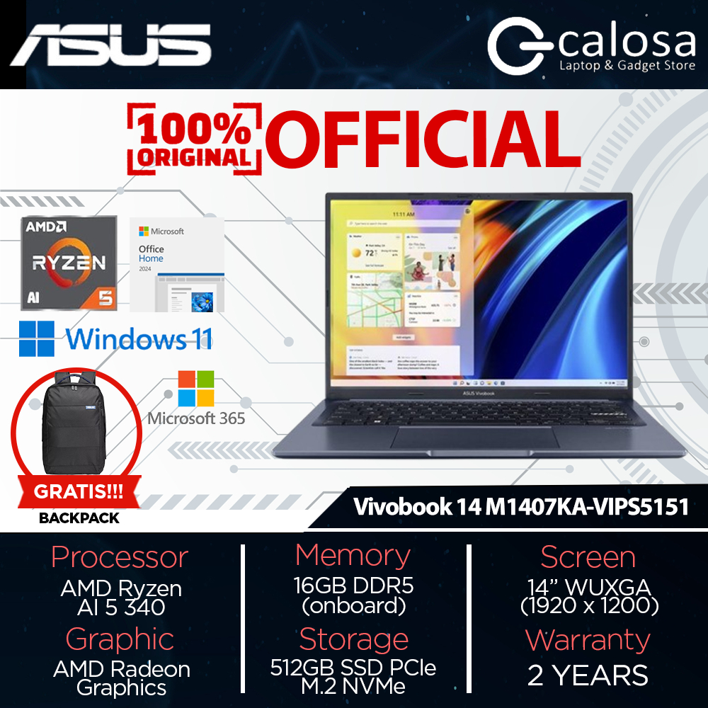 Jual Asus Vivobook 14 M1407KA Ryzen AI 5 340 16GB RAM 512GB SSD 14INCH WUXGA Windows 11 Home+OHM 2024 + Microsoft365 VIPS5151M VIPS5152M VIPS5153M | Shopee Indonesia