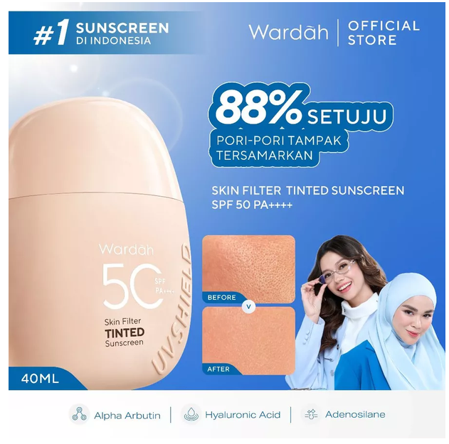 Wardah Tinted Sunscreen Skin Filter SPF 50 PA 30ml UV Shield - Strong UV Blue Light Protection Sheer Glow Finish Tidak Greasy