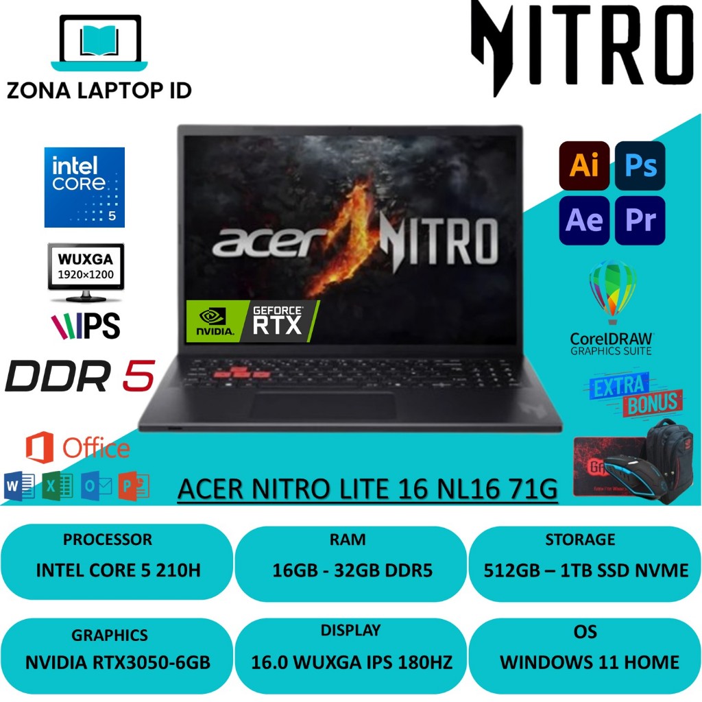 Jual Acer Nitro Lite 16 NL16-71G Nvidia RTX3050 6GB intel Core 5 210H 16GB DDR5 1TB Ssd Windows 11 | Shopee Indonesia