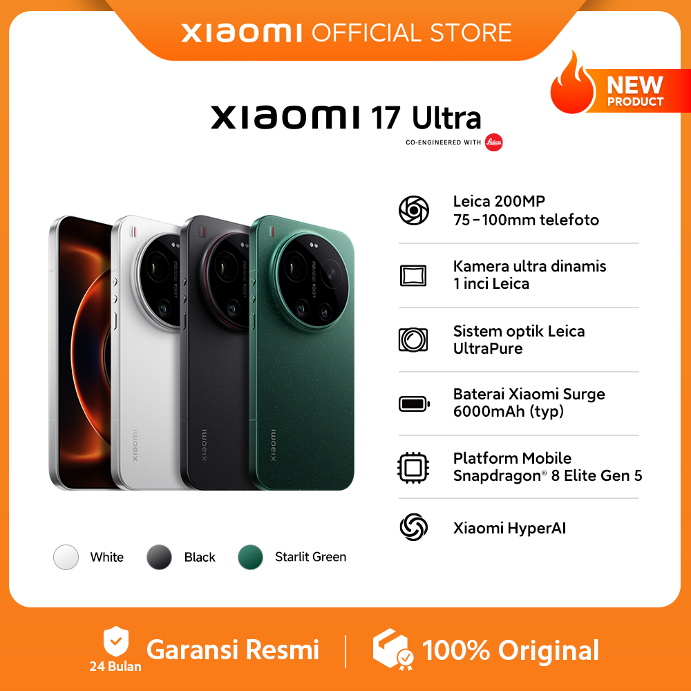 Jual Xiaomi 17 Ultra (16GB/512GB) (16GB/1TB) Leica 200MP 75–100mm Telefoto | Kamera Ultra Dinamis 1 Inci Leica | Sistem Optik Leica UltraPure | Baterai Xiaomi Surge 6000mAh (typ) | Platform Mobile Snapdragon® 8 Elite Gen 5 [Xiaomi Official Store] | Shopee