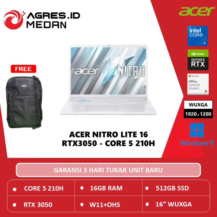 ACER NITRO LITE 16 RTX3050 CORE 5 210H 16GB 512GB W11+OHS 16.0WUXGA 180HZ 100SRGB | Lazada Indonesia