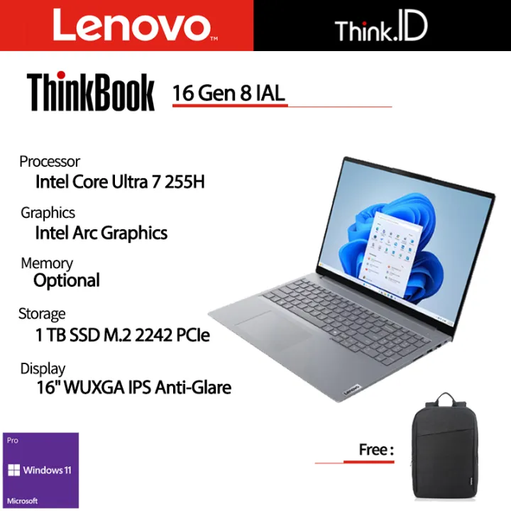 Lenovo ThinkBook 16 Gen 8 Ultra 7 255H 32GB 1TB PCIe Intel Arc 16"IPS Win11 Pro | Lazada Indonesia