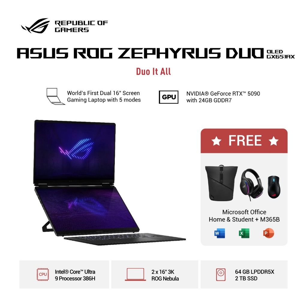 Jual Asus ROG Zephyrus DUO GX651AX OLED Touch Screen Intel Core Ultra 9 386H RTX5090 24GB - Ram 64GB 2TB SSD Windows 11 Home + Office Dual 16.0 Inch 2.8K 120Hz | Shopee Indonesia