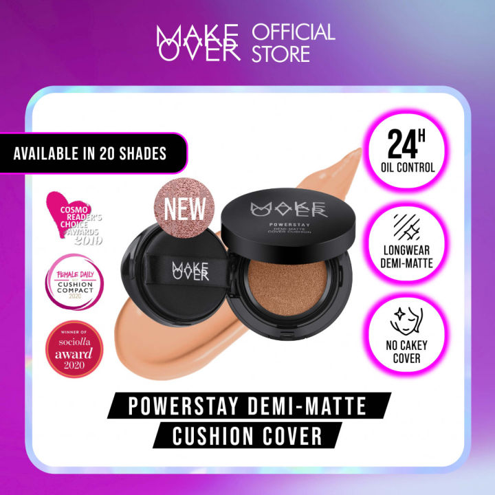 MAKE OVER Powerstay Demi-Matte Cover Cushion - Cushion Matte High Coverage Foundation Compact Ringan Oil Control Make Up Wajah Tahan Lama 24 Jam Non-Comedogenic BEST SELLER Concealer Make Up