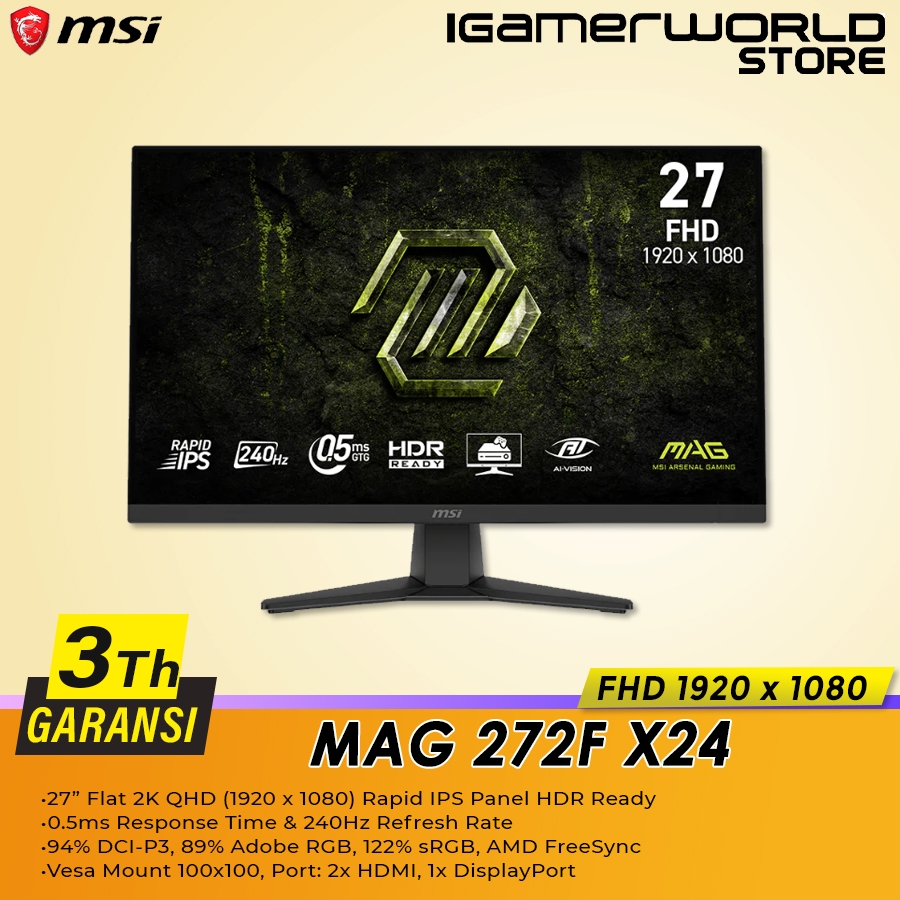 Jual MSI MAG 272F / MAG272F X24 27 Inch FHD 240Hz 0.5ms Rapid IPS Gaming Monitor | Shopee Indonesia