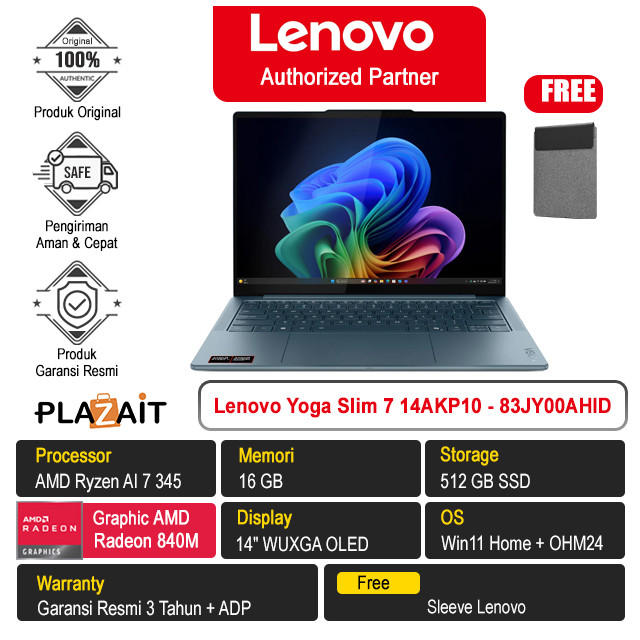 Jual Lenovo Yoga Slim 7 14AKP10 AHID Ryzen AI 7 345 16GB 512GB Radeon Graphics 14 WUXGA OLED W11+OH24 + M365 | Shopee Indonesia