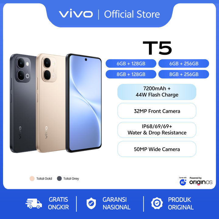 vivo T5 - 7200 mAH + 44W FlashCharge, 32MP Front Camera, Origin OS + vivo AI, IP68/69/69+ | Lazada Indonesia