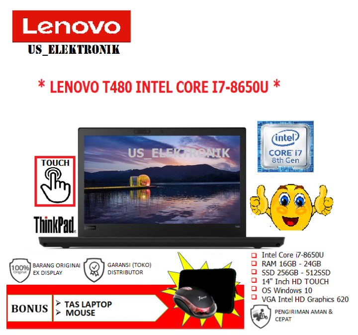 LAYAR SENTUH LAPTOP LENOVO THINKPAD T480 INTEL CORE I7 RAM 16GB SSD 256GB 14 INCH GARANSI WINDOWS 10