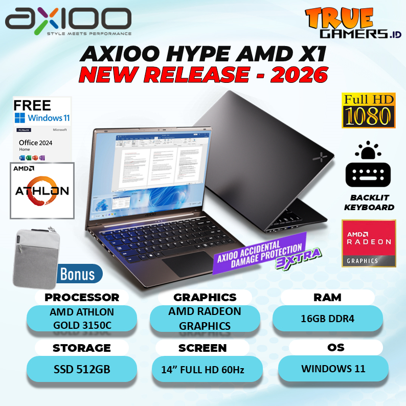 Axioo Hype AMD X1 Athlon Gold RAM 16GB SSD 512GB Windows 11+Office Home 14.0" Inch Full HD IPS