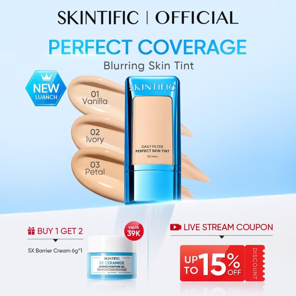 SKINTIFIC - Perfect Coverage Blurring Skin Tint Cocok Kulit Berminyak/Berjerawat/Semua Jenis Gampang Oles, Tutupi Noda, Tahan 10 Jam, Hydrasikan, Tidak Tebal Long-lasting oil-control | Foundation, Bedak Tabur, bb cream, make up