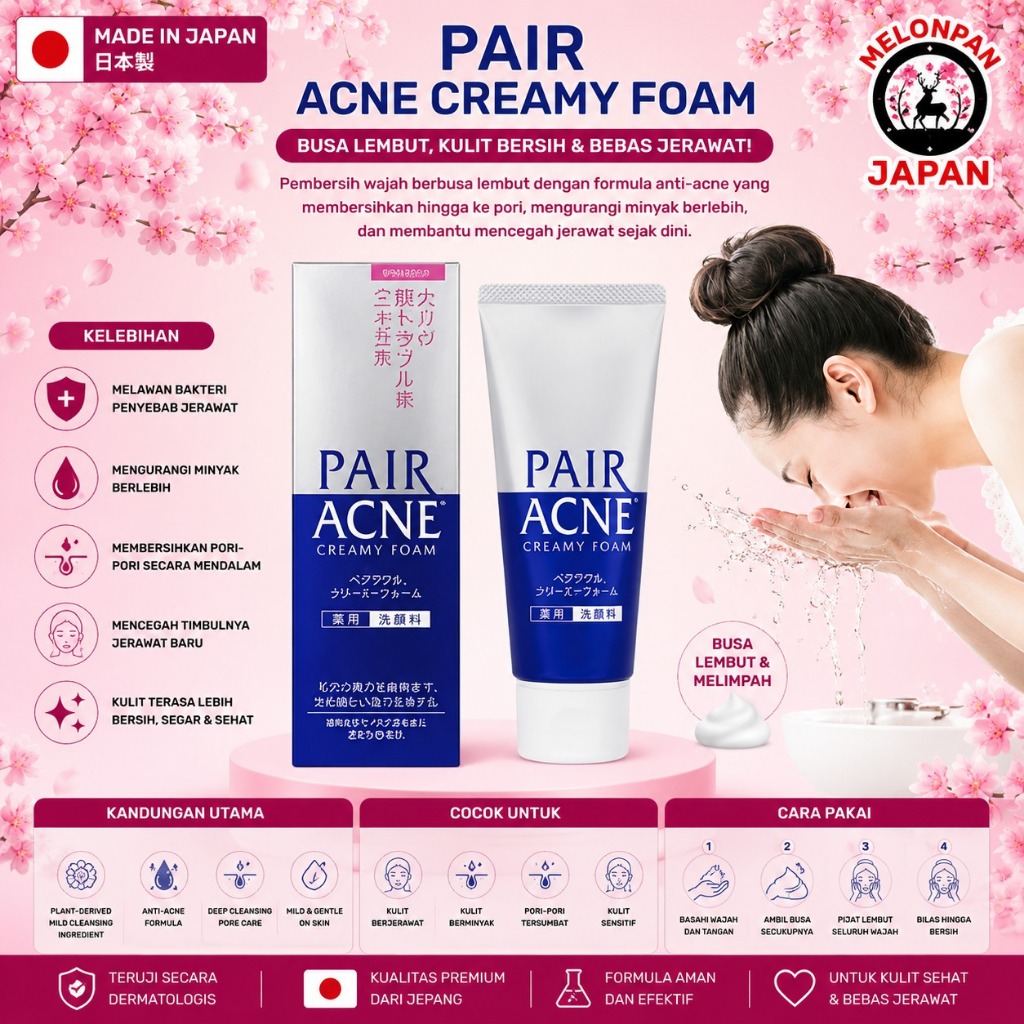 Pair Acne Creamy Foam 80GR Jepang, Facial Wash Jerawat Jepang, Sabun Muka Jerawat Jepang, Cleanser Anti Jerawat Jepang, Pair Acne Cleanser Original, Face Wash Kulit Berminyak Jepang