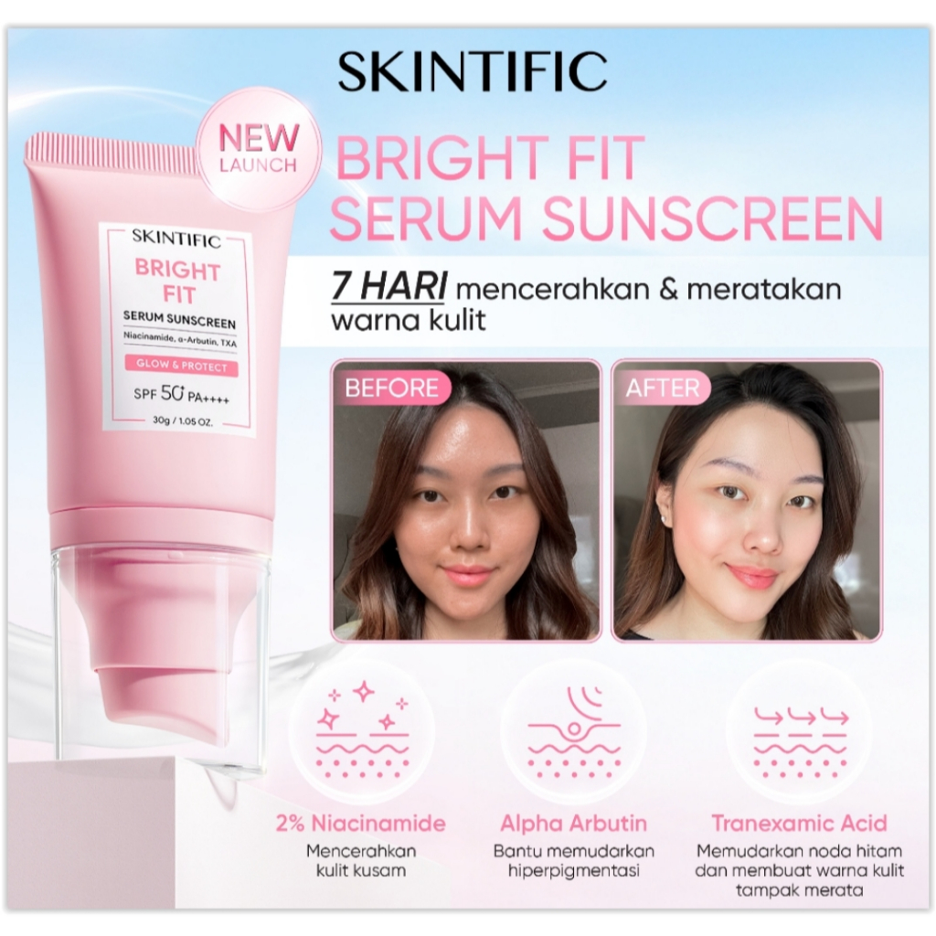 SKINTIFIC Niacinamide Bright SPF50+ Sunscreen Wajah PA++++ 50 gr Serum Sunblock Tone Up Mencerahkan Tinted Skin Aqua Physical