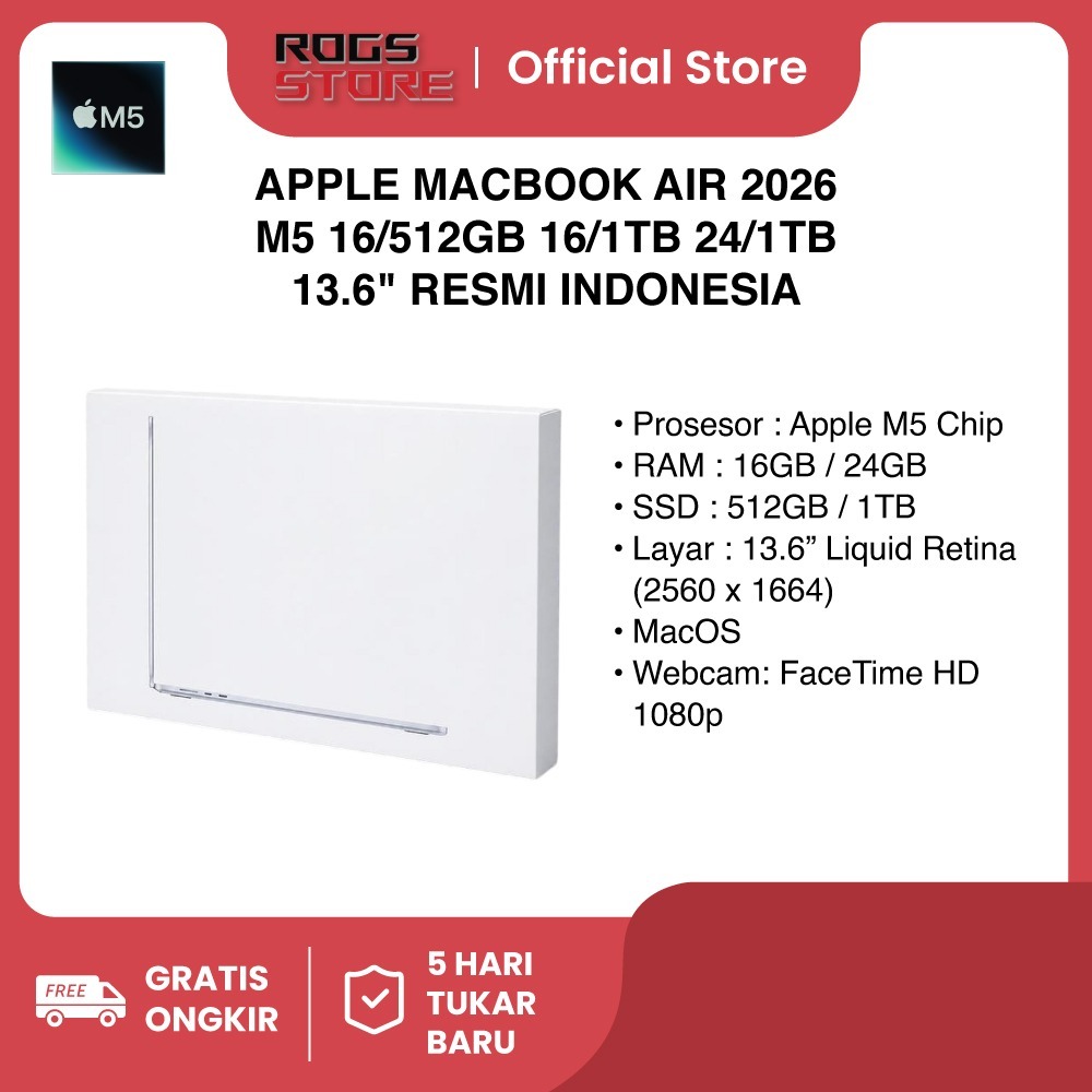 Jual APPLE MacBook Air M5 2026 13-Inch 16/512GB 16/1TB 24/1TB GPU 8Core/10Core Resmi IBOX GDN Digimap | Shopee Indonesia