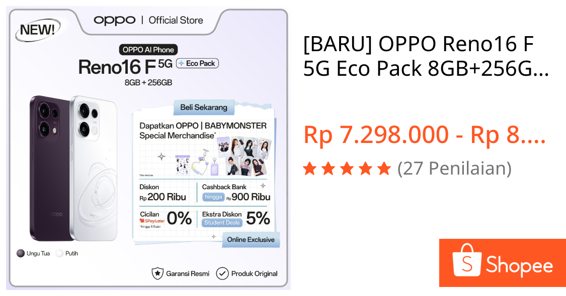 Jual [BARU] OPPO Reno16 F 5G Eco Pack 8GB+256GB [3D Pop Planet Design, AI Remix Collage, 50MP Ultra-wide Selfie Camera] | Shopee Indonesia