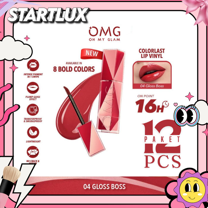 OMG OH MY GLAM Colorlast Lip Vinyl 2.5 g x 12 PCS - Transferproof Gloss - Longlasting Stain- Intense Color - Plumpy & Comfortable On Lips