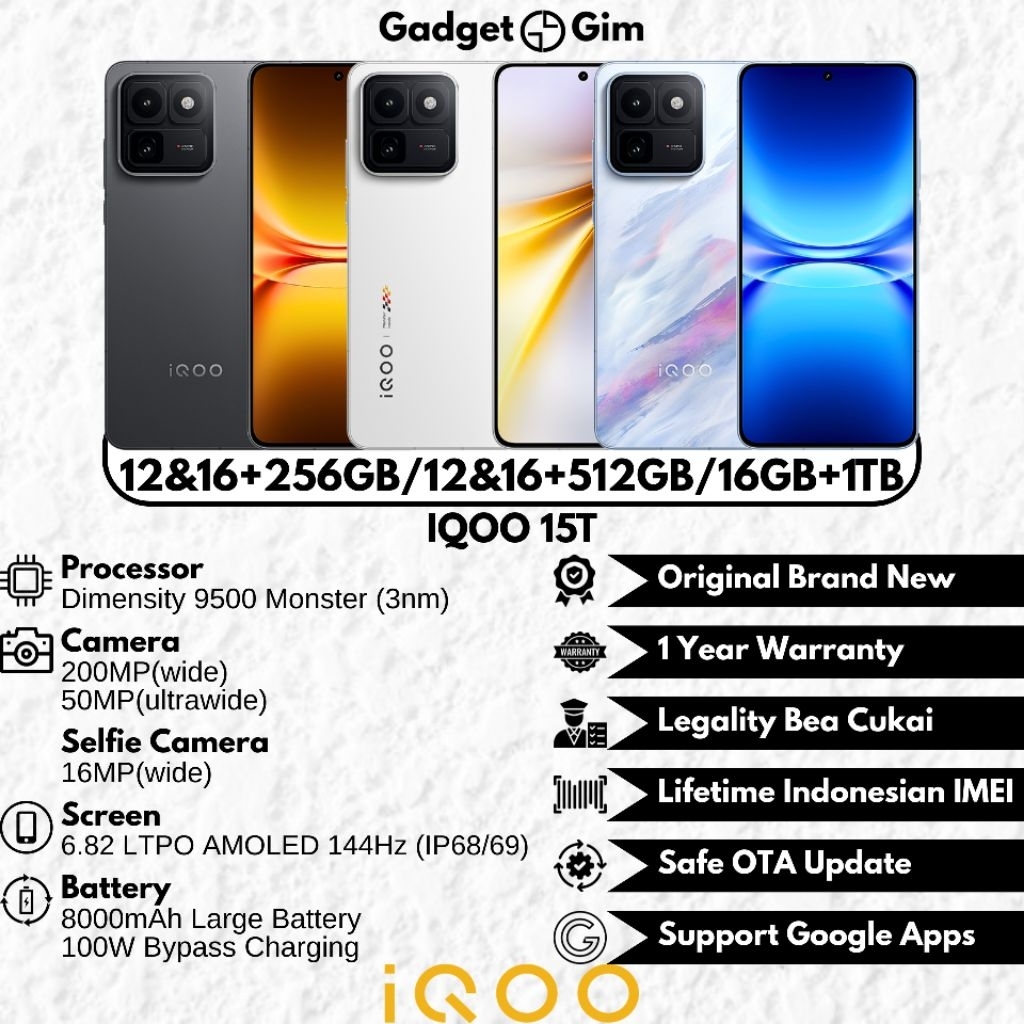 Jual IQOO 15T 5G 16GB 1TB Dimensity 9500 Monster 200MP 144Hz 8000mAh 100W IP68/69 BNIB Bergaransi Original | Shopee Indonesia