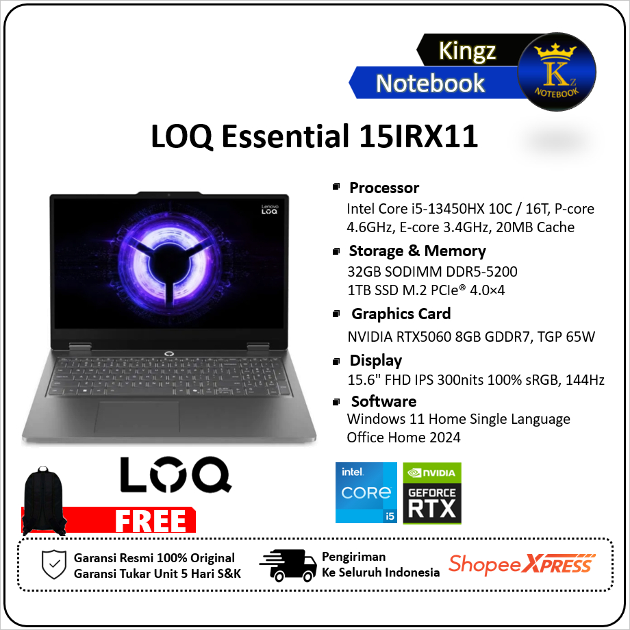 Lenovo LOQ Essential 15 RTX5060 Core i5 13450HX 32GB 1TB SSD Win11+Office 2024 15,6" FHD 144Hz