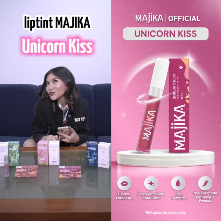 MAJIKA Unicorn Kiss Pink Glossy Lip Tint | 3 ML | Tekstur Ringan I Glossy I Plumpy I Juicy | Lazada Indonesia