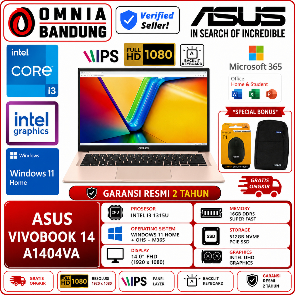 Jual Asus Vivobook 14 A1404VA VIPS3825M Intel I3 1315U 16GB DDR5 512GB 14.0 FHD VIPS BL FP WIN11HOME + OHS + M365 | Shopee Indonesia