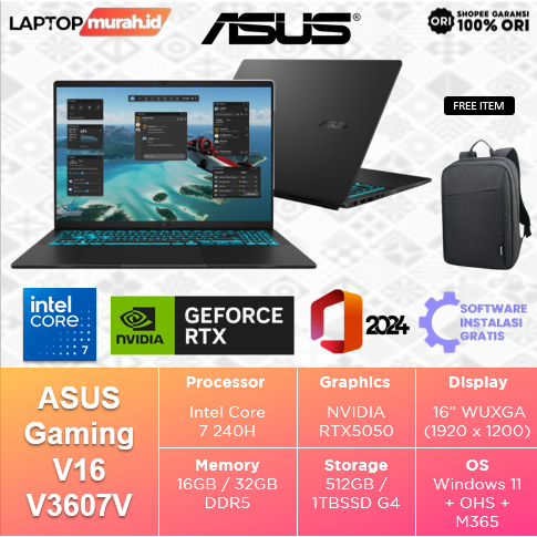 Jual ASUS Gaming V16 V3607 Core i7 240H RTX5050 32GB 1TB SSD Win 11 + OHS + M365B 16.0 WUXGA 144Hz | Shopee Indonesia