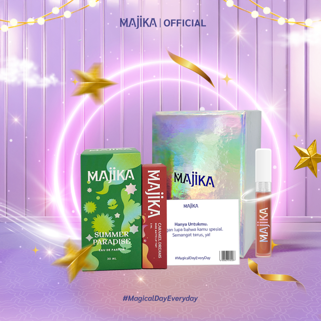 MAJIKA Aura Kit Gift Box |KADO ULANG TAHUN|HANYA UNTUKMU|SELAMAT | [Summer Paradise EDP + Lip Tint Caramel Dreams + Box + Gift Card] | Parfum Unisex Tahan Lama