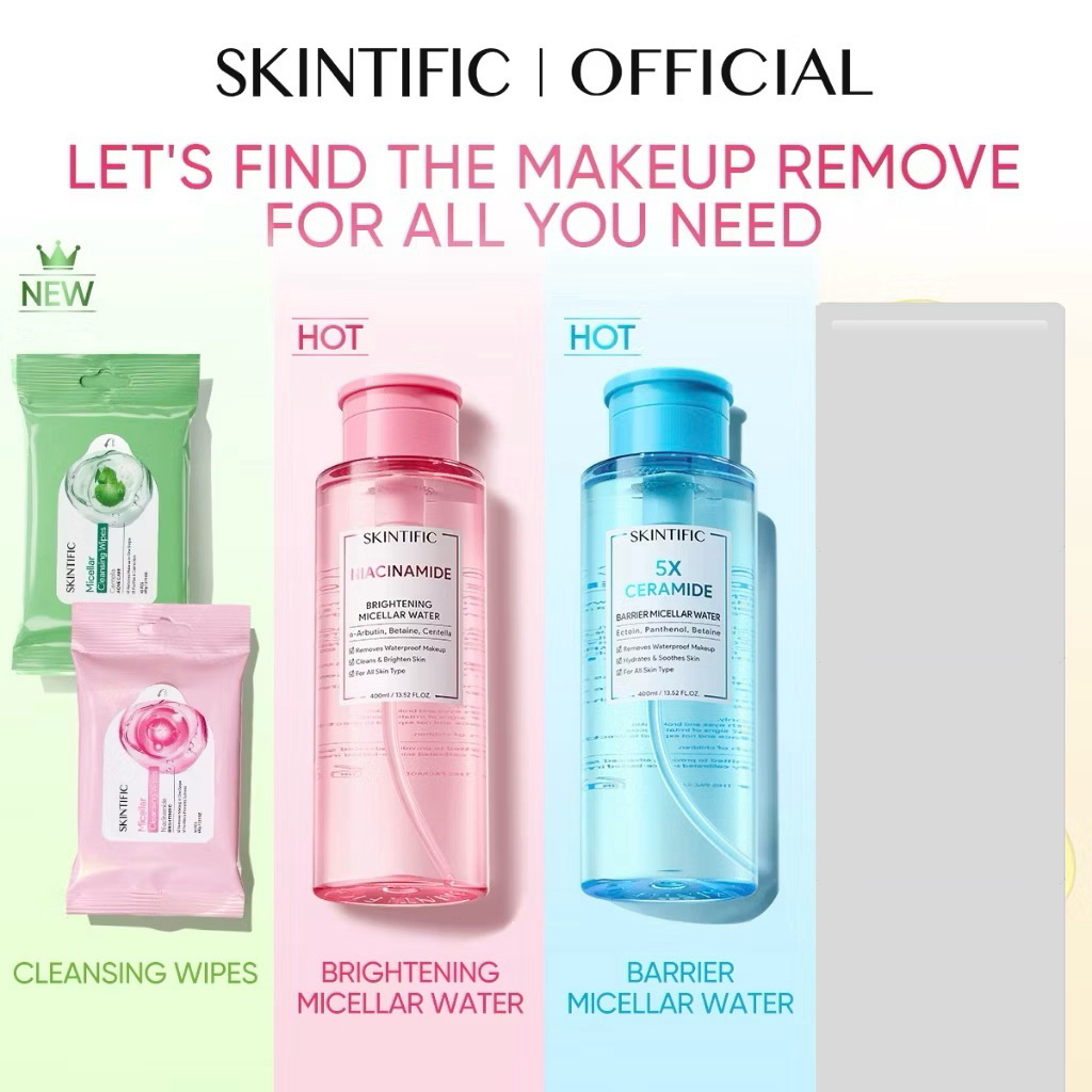 SKINTIFIC - Brightening & 5X Barrier 400ml | Micellar Cleansing Wipes - 10 Sheets Niacinamide Brightening & Centella Acne Care