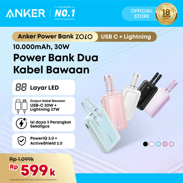 Anker Zolo Power Bank 10.000mAh 30W Max Fast Portable Charger with Built-in USB-C and MFi Certified Lightning Cables - A1680 | Lazada Indonesia