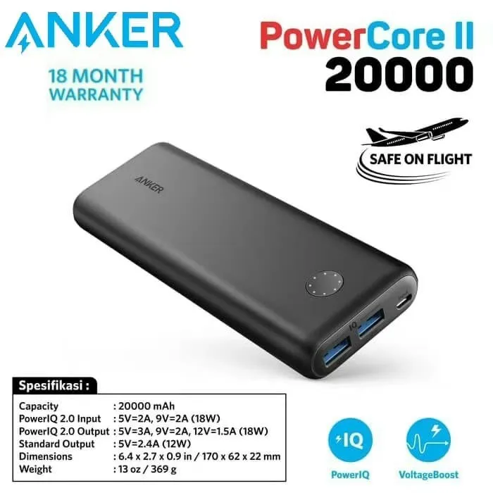 Anker PowerBank PowerCore ll 20000mAh IQ Quick Charge 3.0 A1260611 | Lazada Indonesia