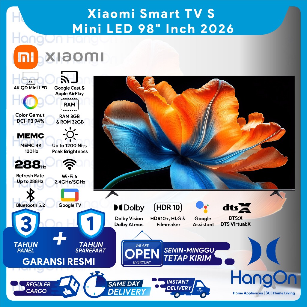 Jual [INSTANT KURIR / PICKUP] Xiaomi TV S Mini LED 98 Inch 2026 GoogleTV 4K QD-Mini LED UHD Kontras Mendalam & Detail Dolby Vision, Dolby Atmos, DTS-X, HDR10+, HLG, Filmmaker 1200 Nits Refresh Rate 144Hz Up to 288Hz Google TV RAM 3GB ROM 32GB Mi Smart TV