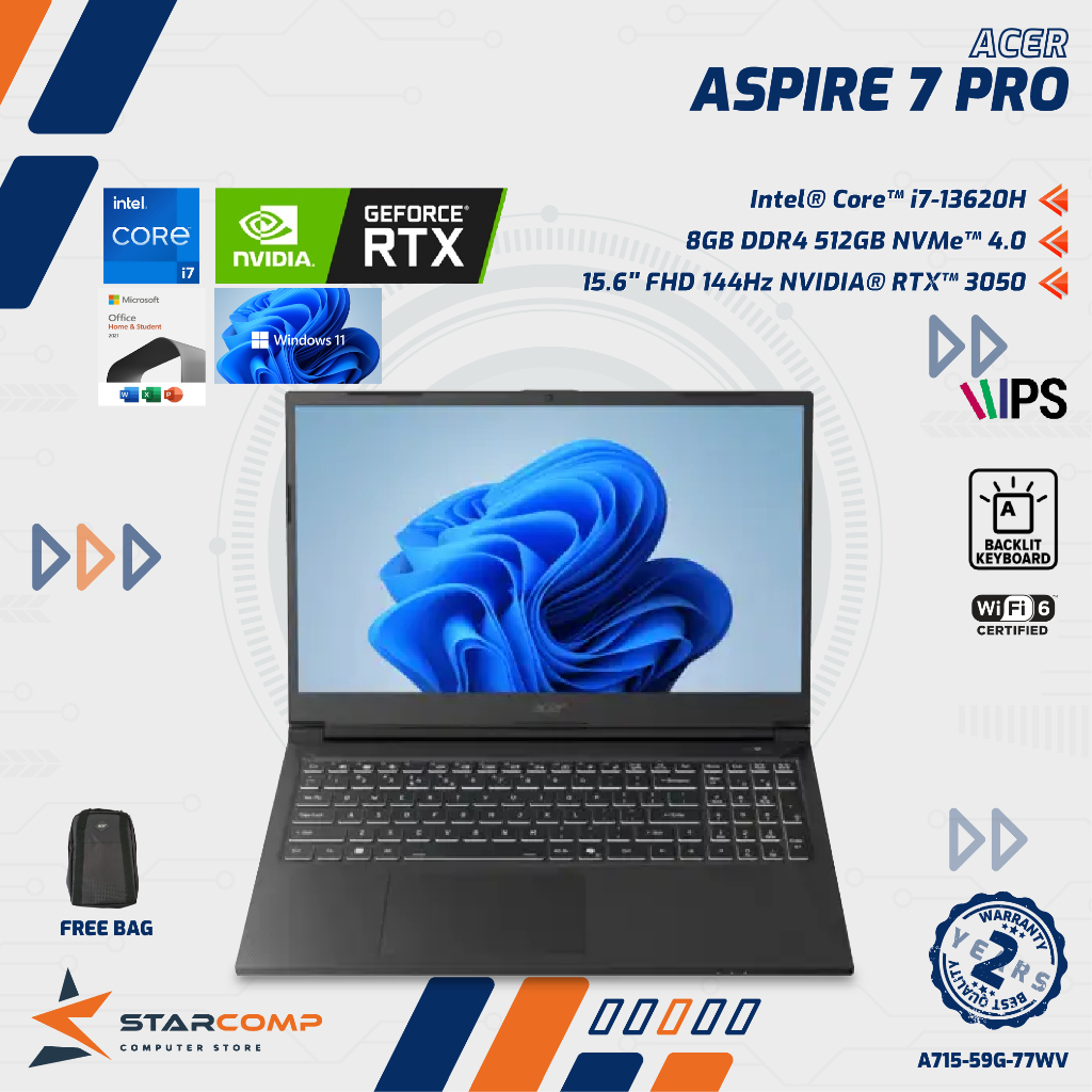 ACER Aspire 7 Pro A715-59G i7-13620H RTX3050 16GB 512GB SSD 15.6" FHD 144Hz W11+OHS