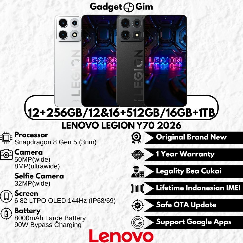 Jual Lenovo Legion Y70 2026 5G 16GB 1TB Snapdragon 8 Gen 5 50MP 144Hz 8000mAh 90W IP68/IP69 BNIB Bergaransi Original | Shopee Indonesia