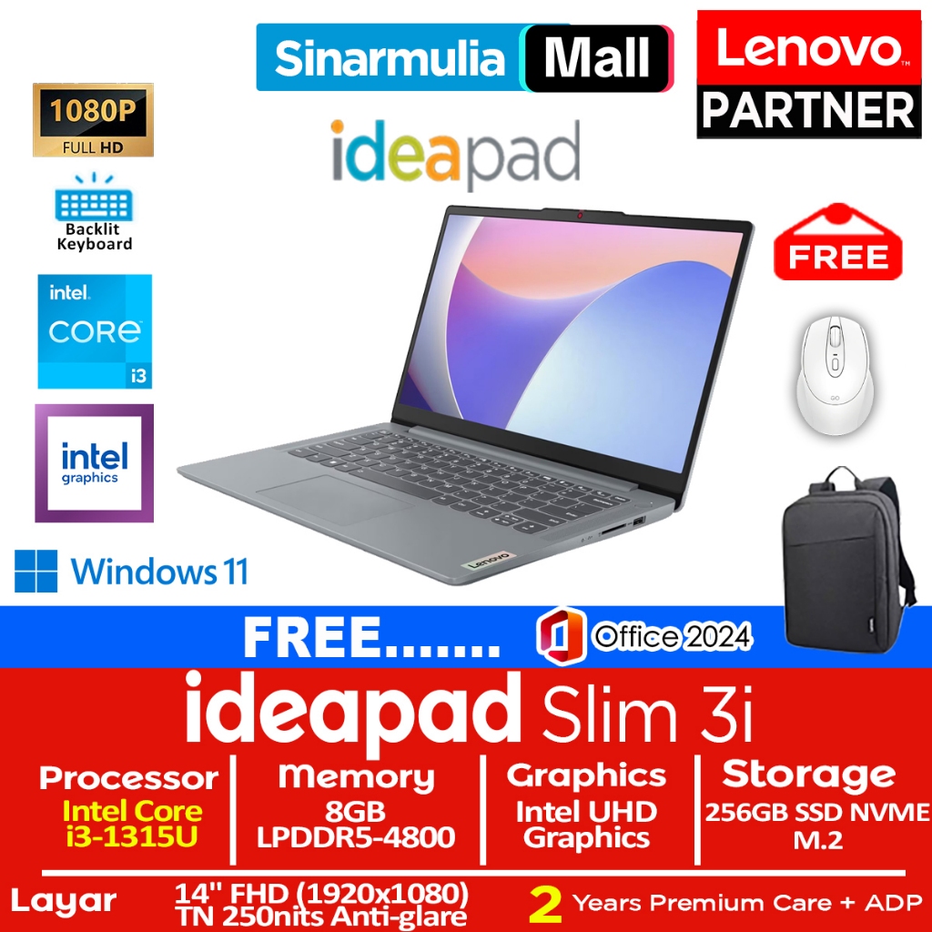 Lenovo Ideapad Slim 3i i3-1315U 256GB SSD 8GB FHD Win11+OHS