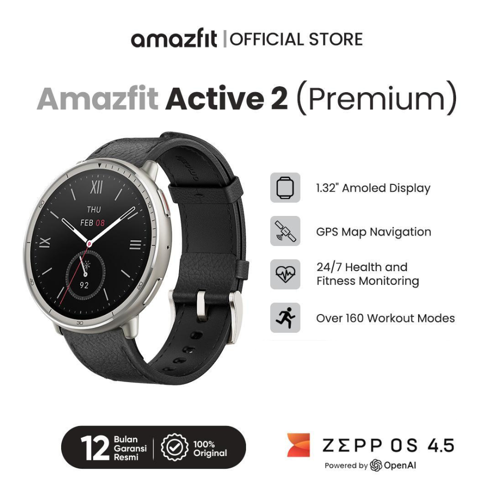 Amazfit Official (Pilihan Resmi! gratis 2 hadiah)Active 2 Premium Smart Watch 44mm |1.32 Sapphire Glass Screen Display | GPS | Map guide |160+ Sport function Jam tangan pintar | Leather strap(Official Store Unisex Grosir smartwatch Multifungsi Stylish)