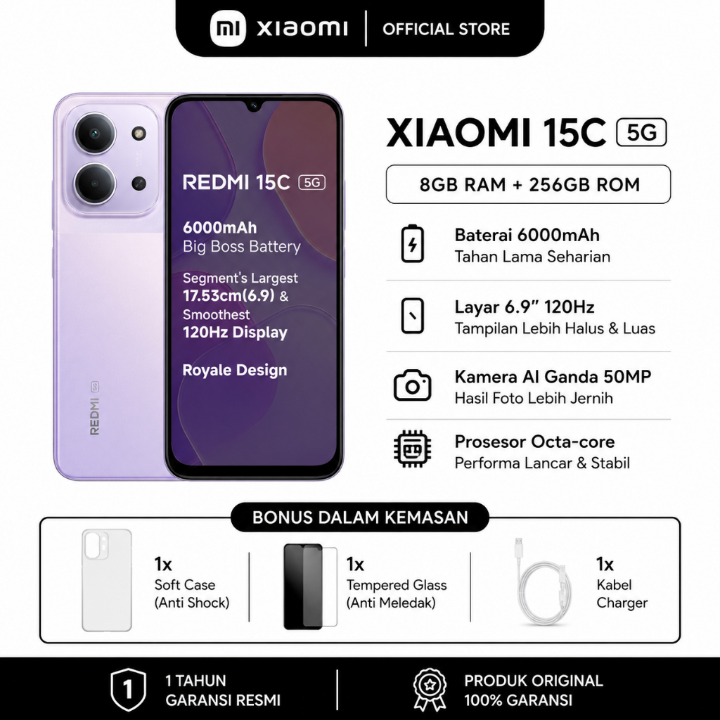 Jual Xiaomi Redmi 15C 5G 8GB/256GB 6000mAh 33W Fast Charge 6.9" 120Hz Display Garansi Resmi Baterai besar 6000mAh | Shopee Indonesia