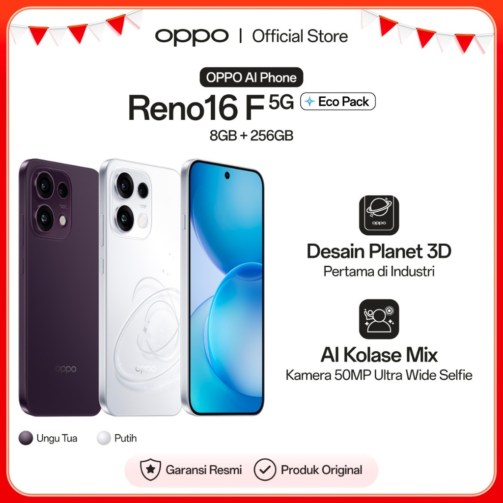 Jual [BARU] OPPO Reno16 F 5G Eco Pack 8GB+256GB [3D Pop Planet Design, AI Remix Collage, 50MP Ultra-wide Selfie Camera] | Shopee Indonesia