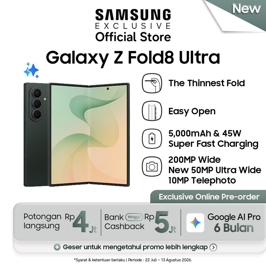 Jual Samsung Galaxy Z Fold8 Ultra [16GB/1TB] - Green Shadow (Online Exclusive) | Hp AI | 5000mAh | Desain Lebih Tipis | Shopee Indonesia